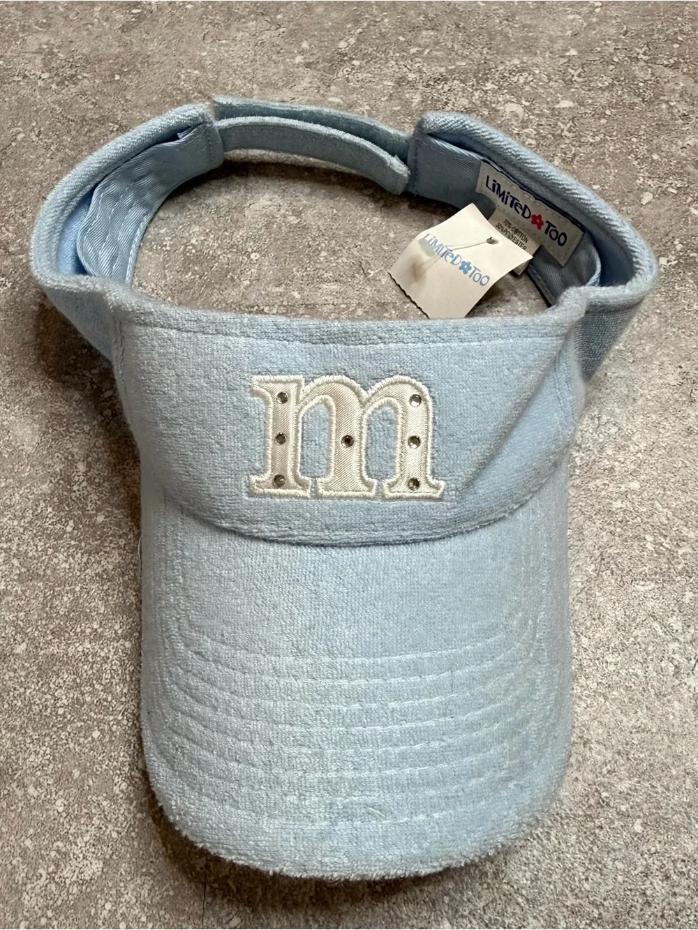 Vintage Y2K deadstock Limited Too Terrycloth Visor Initial M Embellishment blue